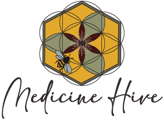 Medicine Hive logo of honeycomb with sacred geometry and flower and bee